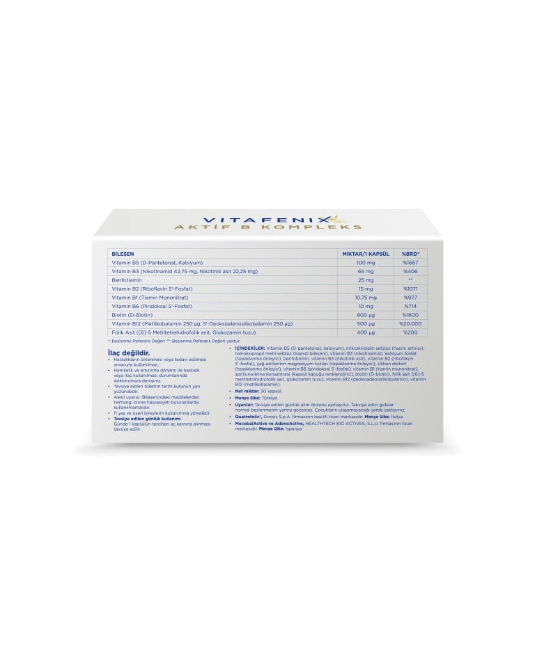 Aktif B Kompleks - Benfotiamin ve Temel B Vitaminlerinin Aktif Formlarını İçeren Takviye Edici Gıda