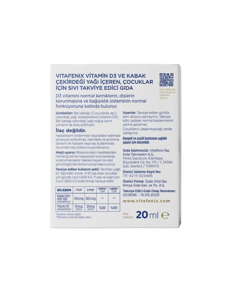 D3 ve Kabak Çekirdeği Yağı İçeren Çocuklar İçin D Vitamini Takviye Edici Gıda