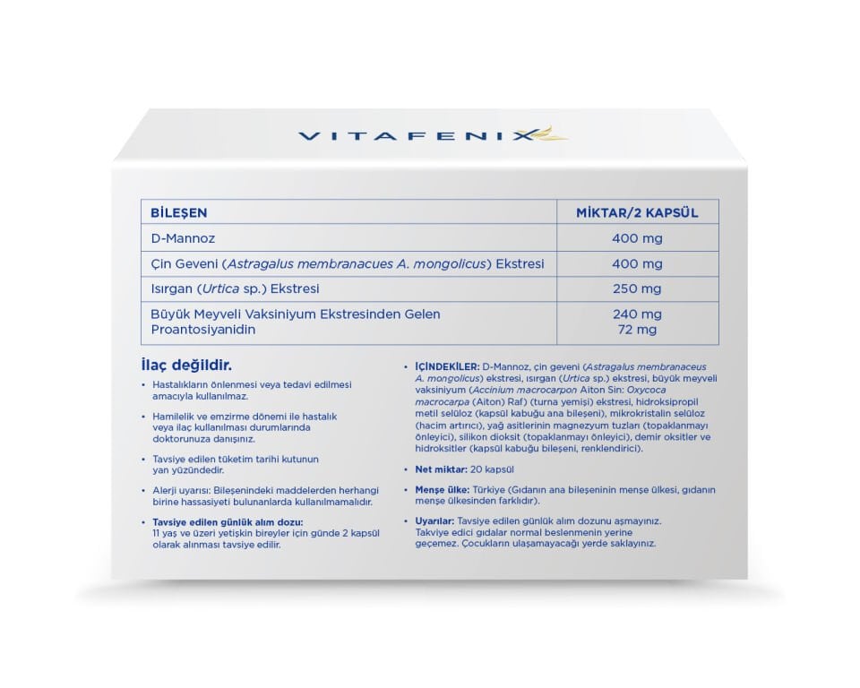 Vitafenix Cranberry - Turna Yemişi Ekstresi, D-Mannoz, Astragalus (Çin Geveni) ve Isırgan Otu Ekstresi İçeren Kapsül Takviye Edici Gıda