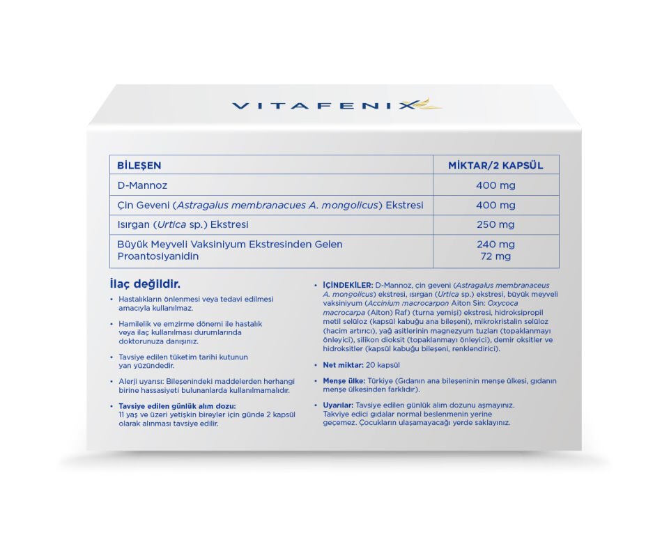 Vitafenix Cranberry - Turna Yemişi Ekstresi, D-Mannoz, Astragalus (Çin Geveni) ve Isırgan Otu Ekstresi İçeren Kapsül Takviye Edici Gıda
