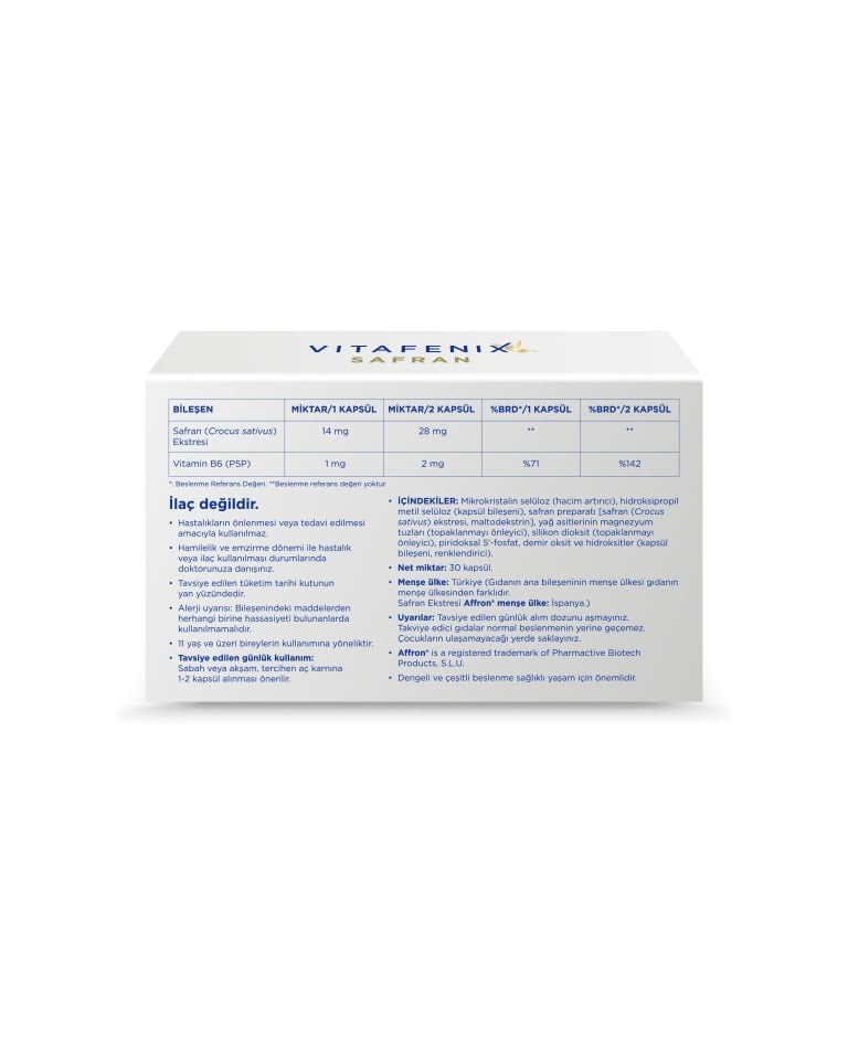 Vitafenix Safran – Affron® Safran Ekstresi ve B6 Vitamini İçeren Takviye Edici Gıda