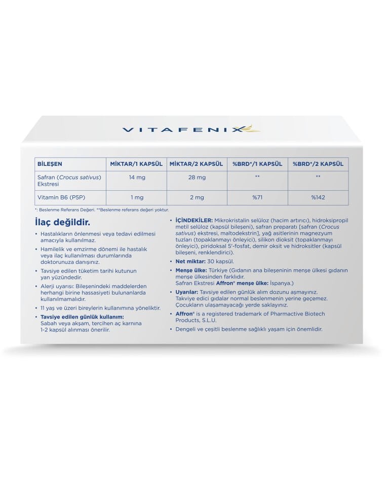 Vitafenix Safran – Affron® Safran Ekstresi ve B6 Vitamini İçeren Takviye Edici Gıda