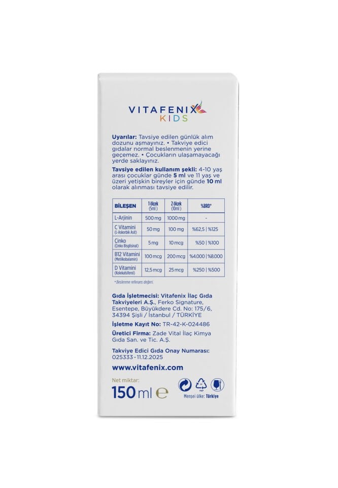 L-Arjinin ve Vitamin C İçeren Çocuklar İçin Sıvı Takviye Edici Gıda